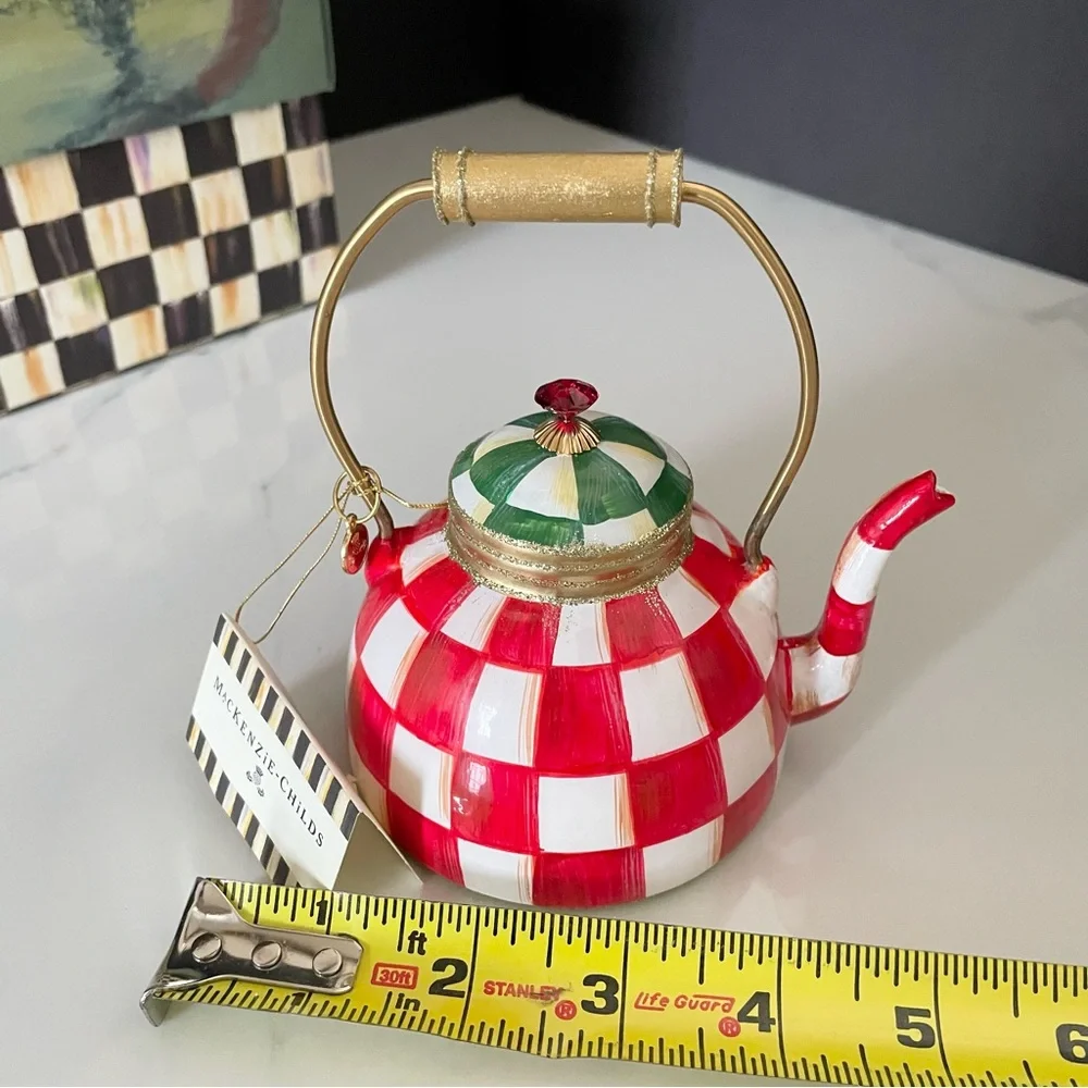 Red Check It Out Tea Kettle Ornament by Mackenzie Childs